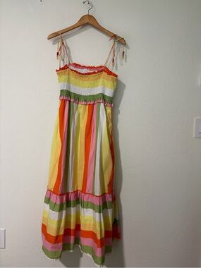 J. Marie Women's Size XL Multi Striped Spaghetti Strap Smocked Midi Dress